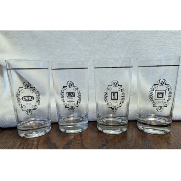 Vintage GMC 1908, GM 1931, 1949, 1976 Beer Bar Glasses Silver Rim Automotive Car